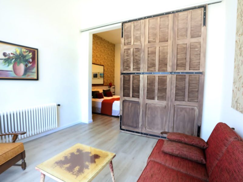 An apartment living room with rustic sliding doors